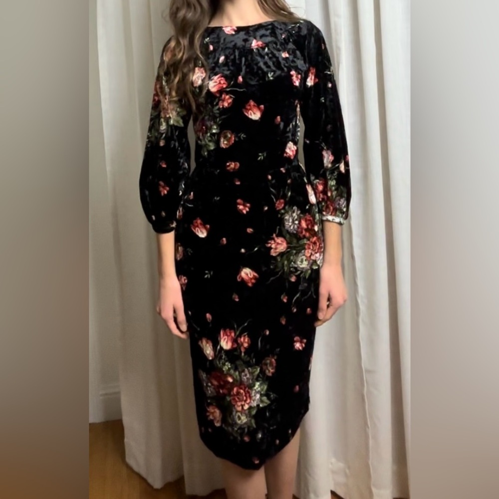 Velvet oriental floral black midi dress quarter sleeve crew neck knee length XS